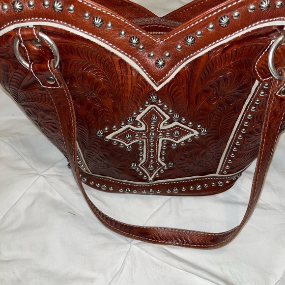 Embossed Brown Leather Crossbody Bag - Picture 6 of 14